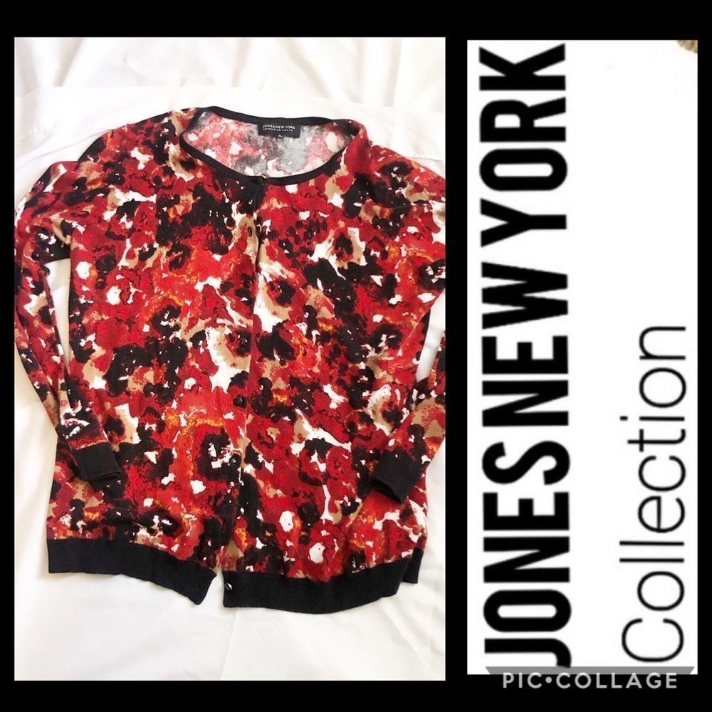 Jones New York Floral red black Cardigan Sweater